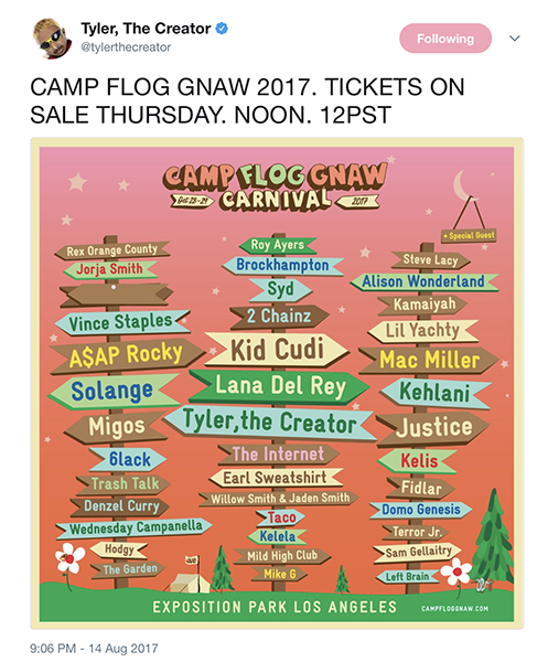 Camp Flog Gnaw 2022 Schedule Tyler, The Creator Releases Camp Flog Gnaw Festival Lineup | Setlist.fm