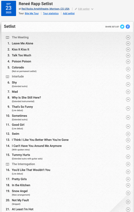 Reneé Rapp Kicks Off Bite Me Tour at Iconic Red Rocks Arena | setlist.fm